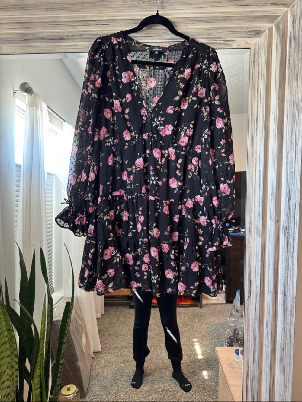 Lulu's Black Floral Sheer Long-Sleeve Dress with Pink Rose Print